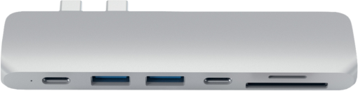 Hub USB argenté. Plusieurs ports, USB, USB-C et emplacement pour carte SD. Fond blanc, vue de dessus.