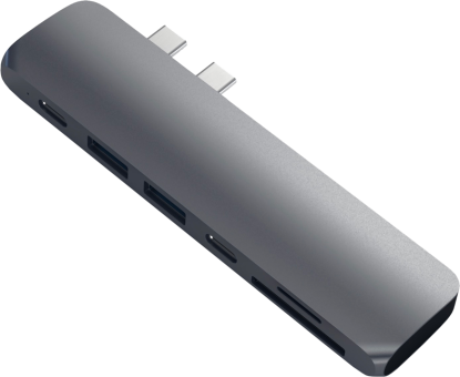 Hub USB-C grigio multi-porta. Contiene più porte, tra cui USB e slot per lettori di schede.
