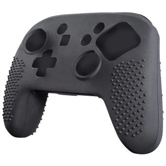 Une housse de manette noire. Elle possède des trous pour les boutons et les joysticks, et des poignées texturées sur les côtés.