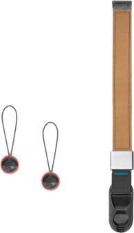 Sangle d'appareil photo avec deux petites pièces de connexion sur fond blanc.