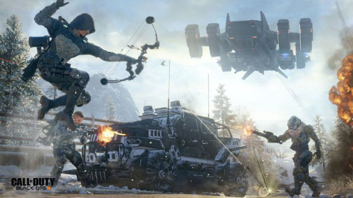 Scène de Call of Duty: Black Ops 3. Soldats combattant dans un environnement enneigé, avec des avions.