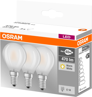 Box mit drei Osram LED-Glühbirnen, warmweiß, in einer Verpackung.