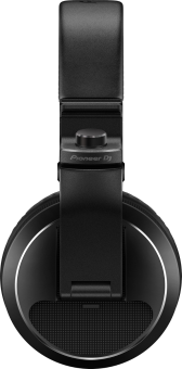 Schwarze DJ-Kopfhörer, Draufsicht. Die Ohrmuscheln sind kreisförmig, mit Pioneer DJ-Logo.