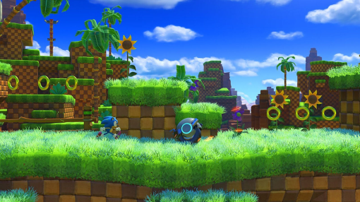 Sonic courant sur des collines vertes avec des boucles et des tournesols, ciel bleu en fond.