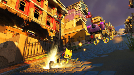Une scène de jeu vidéo avec un personnage jaune glissant dans une rue, des anneaux et des bâtiments en arrière-plan.