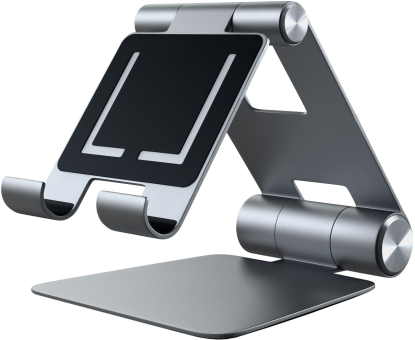 Support de tablette argenté avec un coussinet noir.