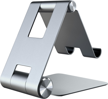 Support de tablette argenté sur fond noir, incliné et ouvert.