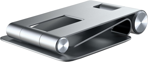 Support de tablette argenté avec angles réglables, un design moderne.