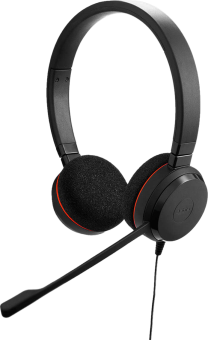 Schwarzes Headset mit roten Akzenten. Es hat Ohrmuscheln und ein Mikrofon. Das Design ist schlicht.