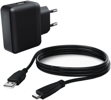 Chargeur de téléphone noir avec câbles USB et USB-C. Le chargeur a une prise à deux broches.