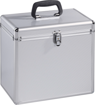 Silberner Aluminium-Werkzeugkoffer mit schwarzem Griff und Verschluss, geschlossen.