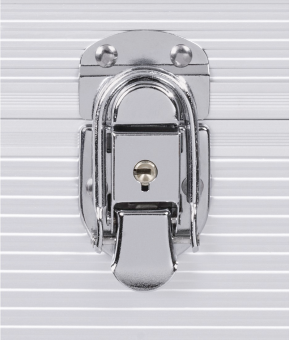 Nahaufnahme eines Metallkofferverschlusses. Das Schloss ist silberfarben und hat ein Schlüsselloch.