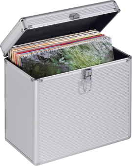 Silberne Schallplattenkiste mit offenem Deckel, gefüllt mit Schallplatten.