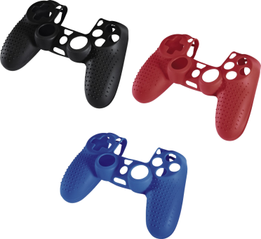 Drei farbige Controller-Skins: schwarz, rot und blau, je mit strukturierter Oberfläche und Knopfausschnitten.