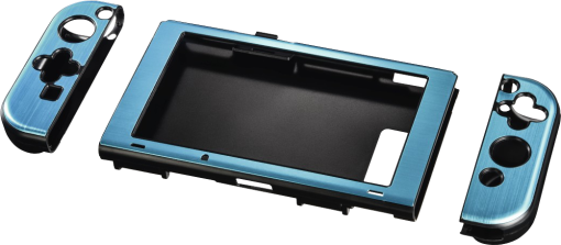 Blau-metallische Switch-Hülle und zwei Joy-Con-Controller. Die mittlere Hülle ist offen. Alle Teile auf schwarzem Hintergrund.