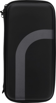 Custodia nera con una striscia curva grigia. Chiusura con cerniera lungo il bordo. Forma rettangolare, orientamento verticale.