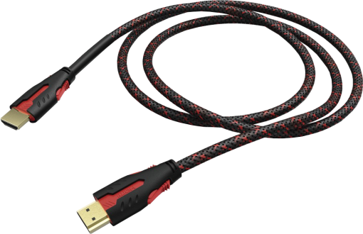Ein HDMI-Kabel mit schwarz-roter geflochtener Ummantelung und goldenen Anschlüssen, vor schwarzem Hintergrund.