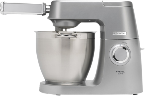 Una macchina da cucina Kenwood Chef XL Elite argentata. Ha una ciotola, un miscelatore e una manopola di controllo laterale.