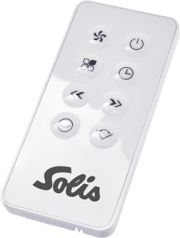 Weiße Solis-Fernbedienung mit Tasten für verschiedene Lüfterfunktionen.