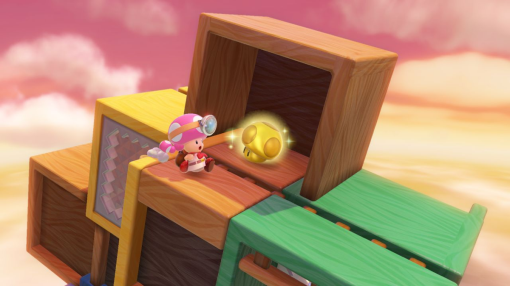 Toadette dans un niveau de Super Mario Bros, atteignant un champignon doré.