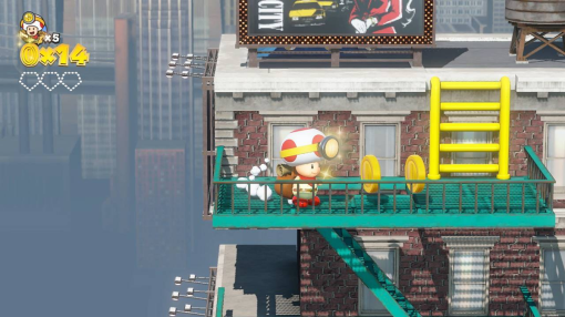 Un personnage de dessin animé sur un rebord de bâtiment, avec des pièces et une toile de fond de ville.