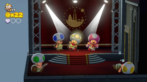 Crapauds sur scène ; lumières de scène, jeu Mario.