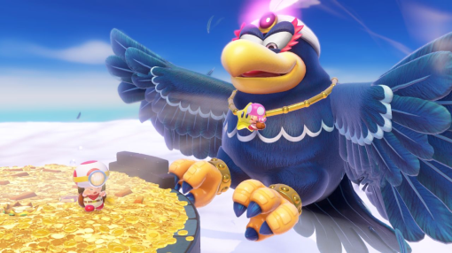 Un grand oiseau avec un collier de bijoux et un petit personnage debout sur des pièces d'or, dans un ciel bleu.