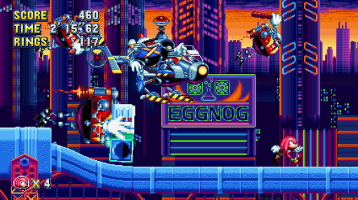 Una scena di videogioco con personaggi e un cartello con la scritta 'EGGNOG'.