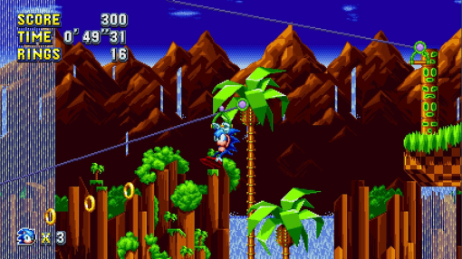 Sonic the Hedgehog su uno skateboard in un videogioco a scorrimento laterale, un ambiente in stile retrò.