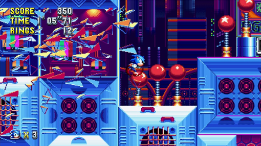 Una scena di videogioco retrò con un personaggio che corre in un ambiente futuristico.