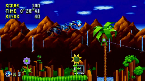 Sonic che corre attraverso un paesaggio colorato, con tempo e punteggio visibili.