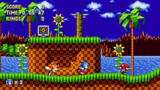 Una scena di un videogioco retrò con Sonic, Tails e un robot, che corrono su un paesaggio a scacchi.