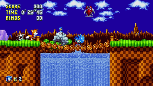 Una scena del gioco Sonic the Hedgehog con Sonic, Tails e nemici.