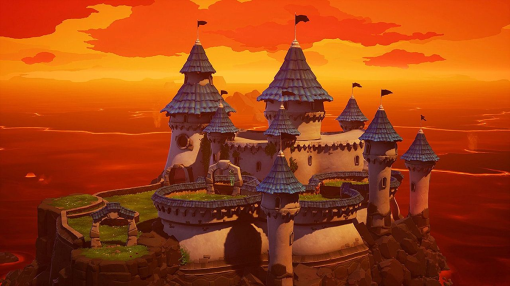 Cartoon-Burg auf einer Felseninsel vor Sonnenuntergang.