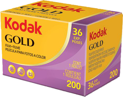 Kodak Gold Filmbox, gelb und lila mit einem Filmrollenbild und Produktdetails.