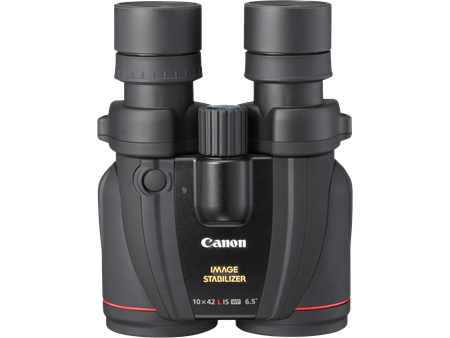 Schwarzes Canon-Fernglas mit roten Akzenten und schwarzem Hintergrund.