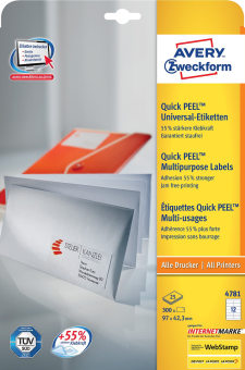 Avery Zweckform Etikettenpackung. Zeigt weiße Etiketten mit rotem Logo und Text. Die Packung ist weiß.