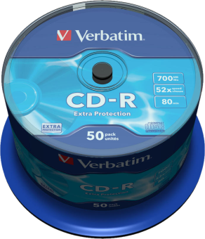 Pila di dischi CD-R in un contenitore blu, con etichette visibili.
