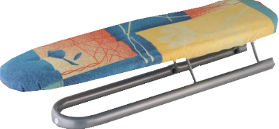 Une planche à repasser avec une housse à motifs colorés, un cadre en métal et une base incurvée.