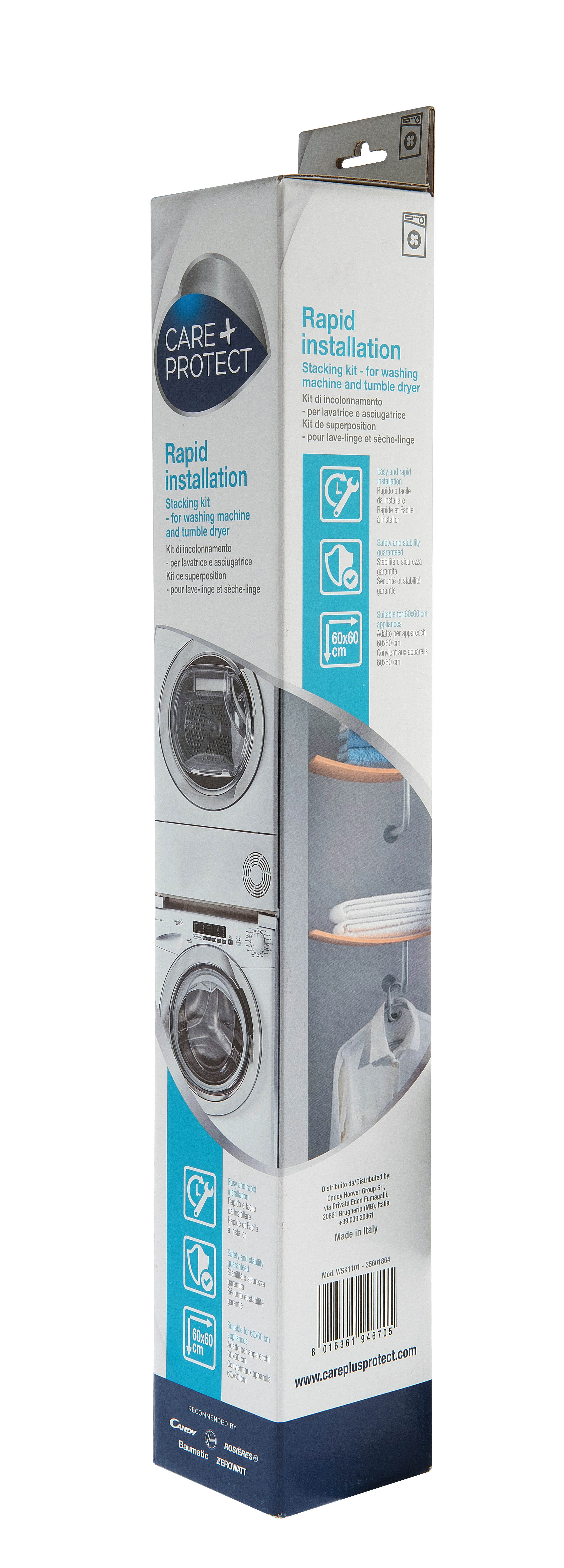 Care+Protect Waschmaschinen-Stacking-Kit-Box. Bilder einer Waschmaschine und eines Trockners.