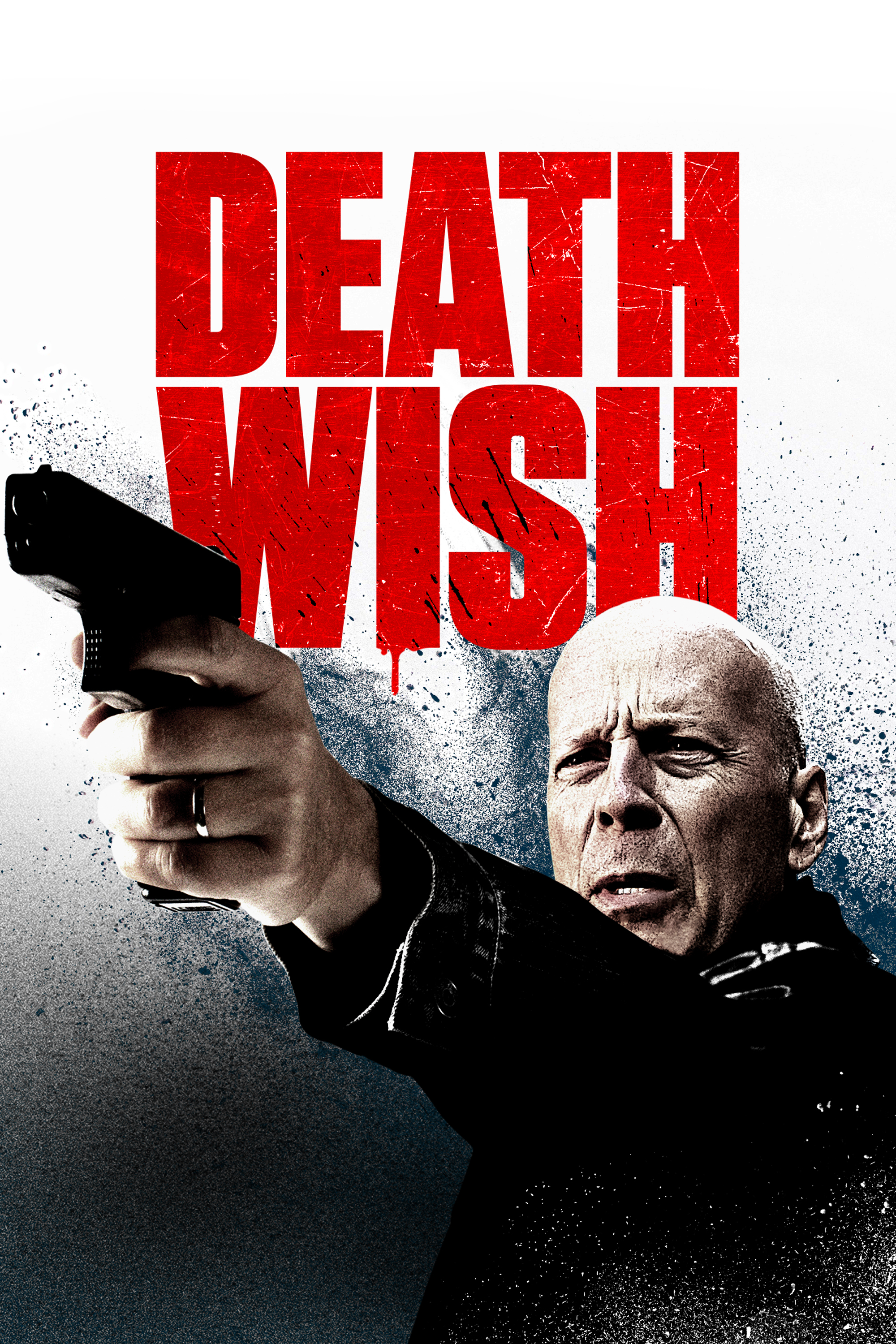 Death Wish filmposter. Bruce Willis houdt een pistool vast, richt. De titel is rood, met een witte en blauwe achtergrond.
