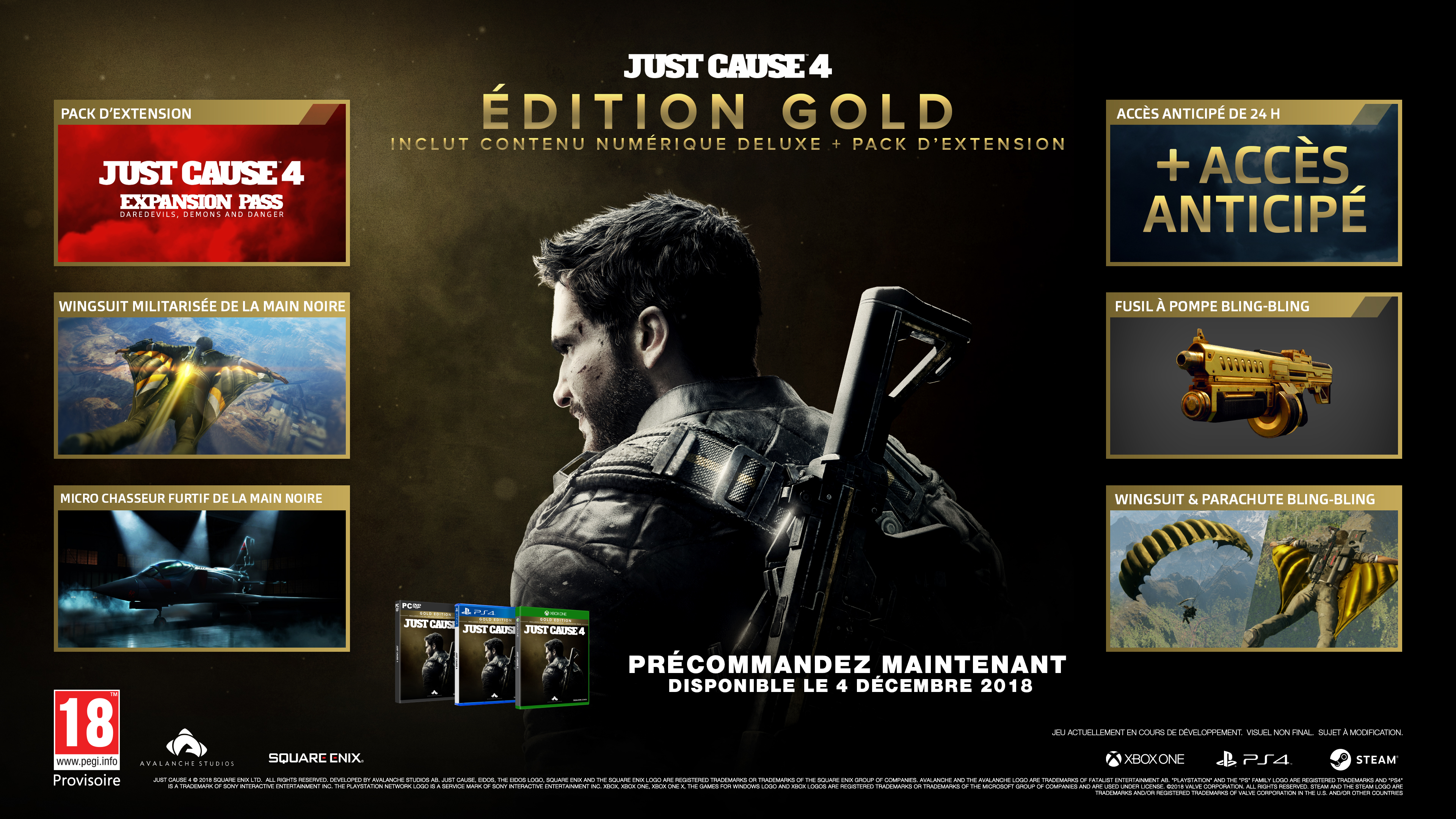 Couverture du jeu Just Cause 4: Gold Edition. Il y a un homme avec une arme au centre.