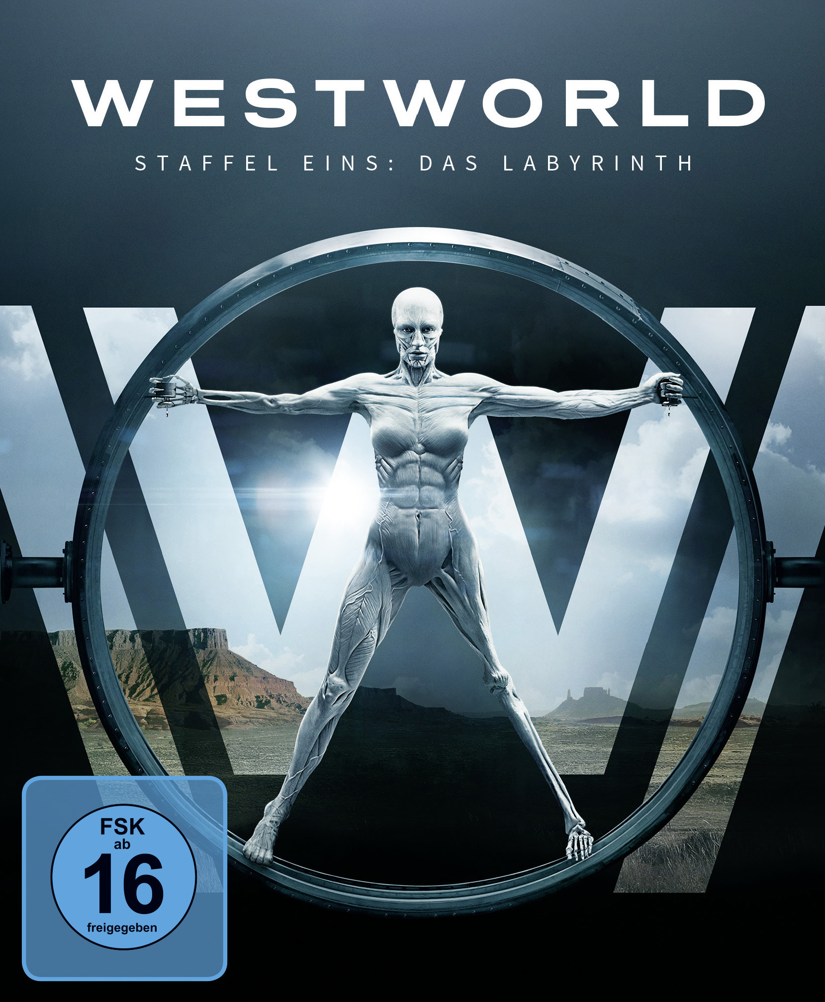 Westworld DVD-Cover. Eine menschenähnliche Figur in einem Metallkreis mit Text.