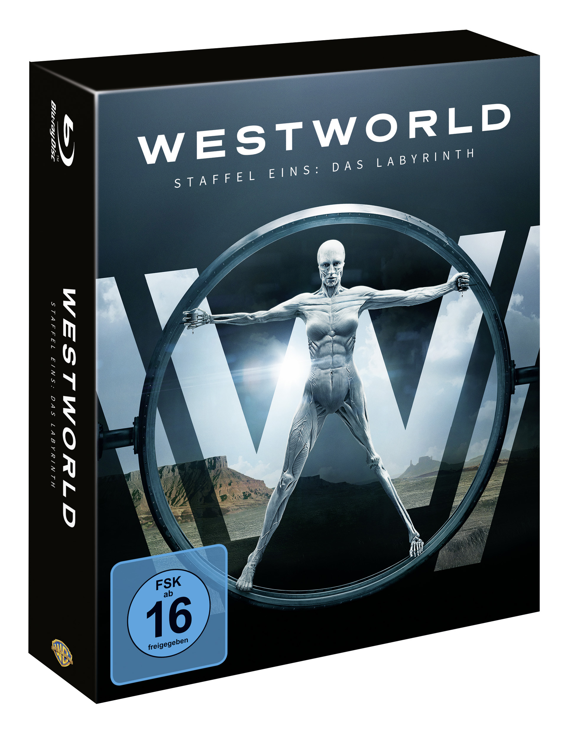 Westworld Blu-ray Box mit Frau in Metallring.