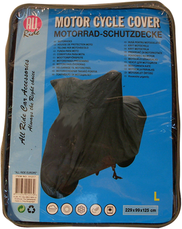 Motorkerékpár huzat csomagolásban, többnyelvű szöveggel és látható márkanevekkel.