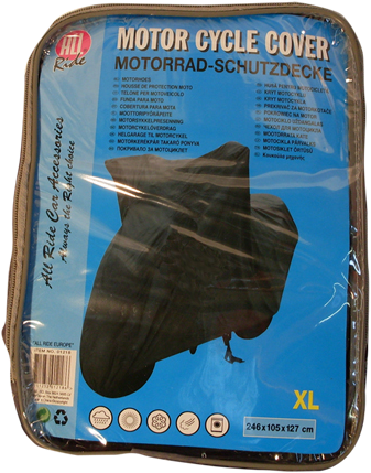 Motoros takaró átlátszó műanyag zacskóban. Kék címkéje van szöveggel és motorképvel.