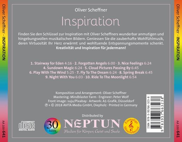 CD-Cover mit Text: 'Inspiration' von Oliver Scheffner, farbigen Rändern und Disc.