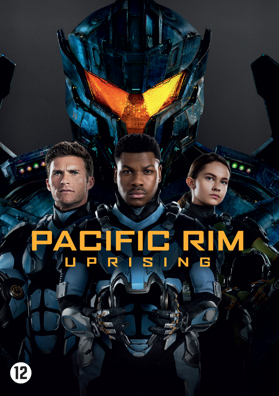 Affiche du film Pacific Rim Uprising. Acteurs debout devant un grand robot. Titre en gras sur l'image.