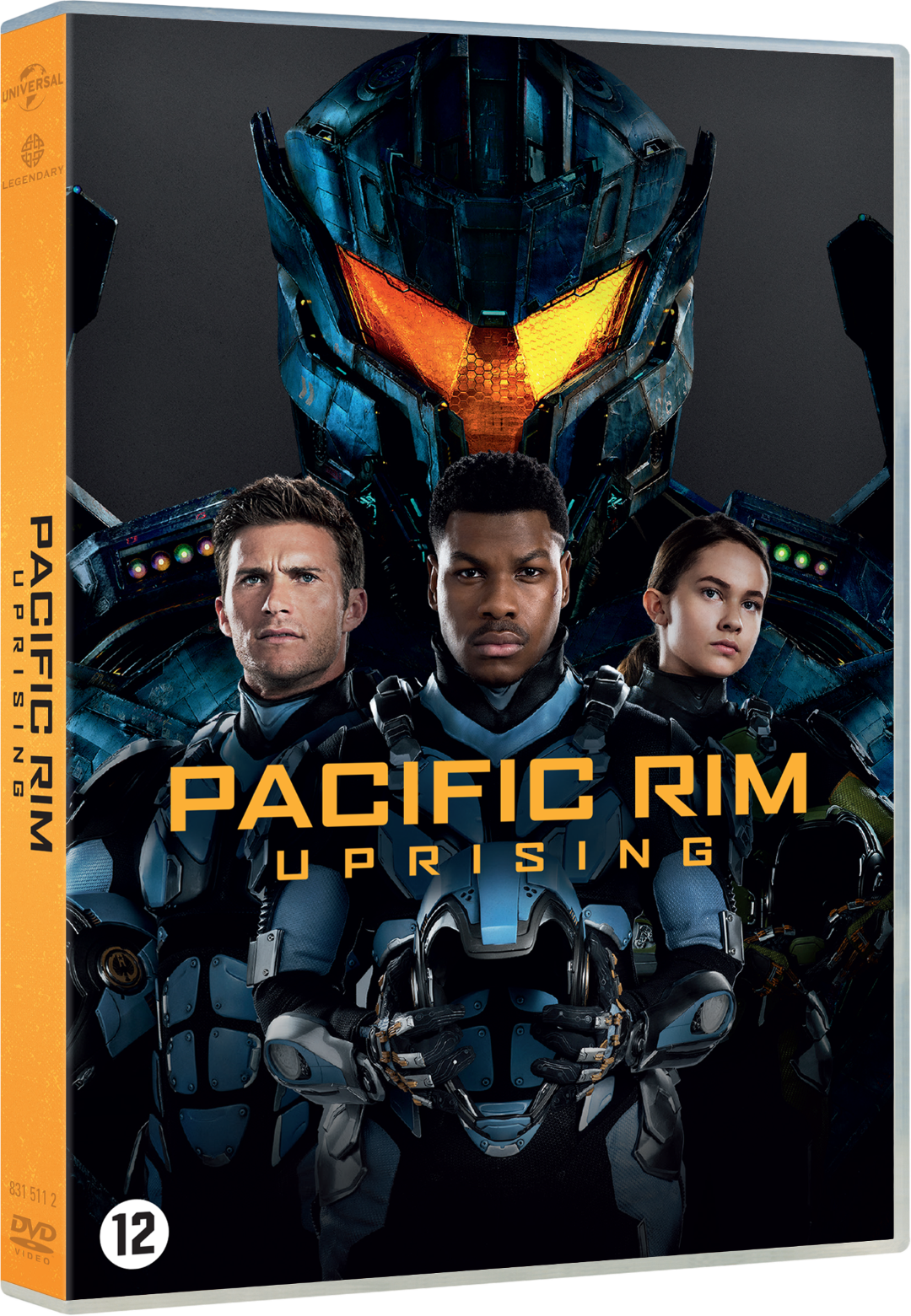 Boîtier DVD pour Pacific Rim Uprising. Avec des acteurs, des robots et un fond sombre.
