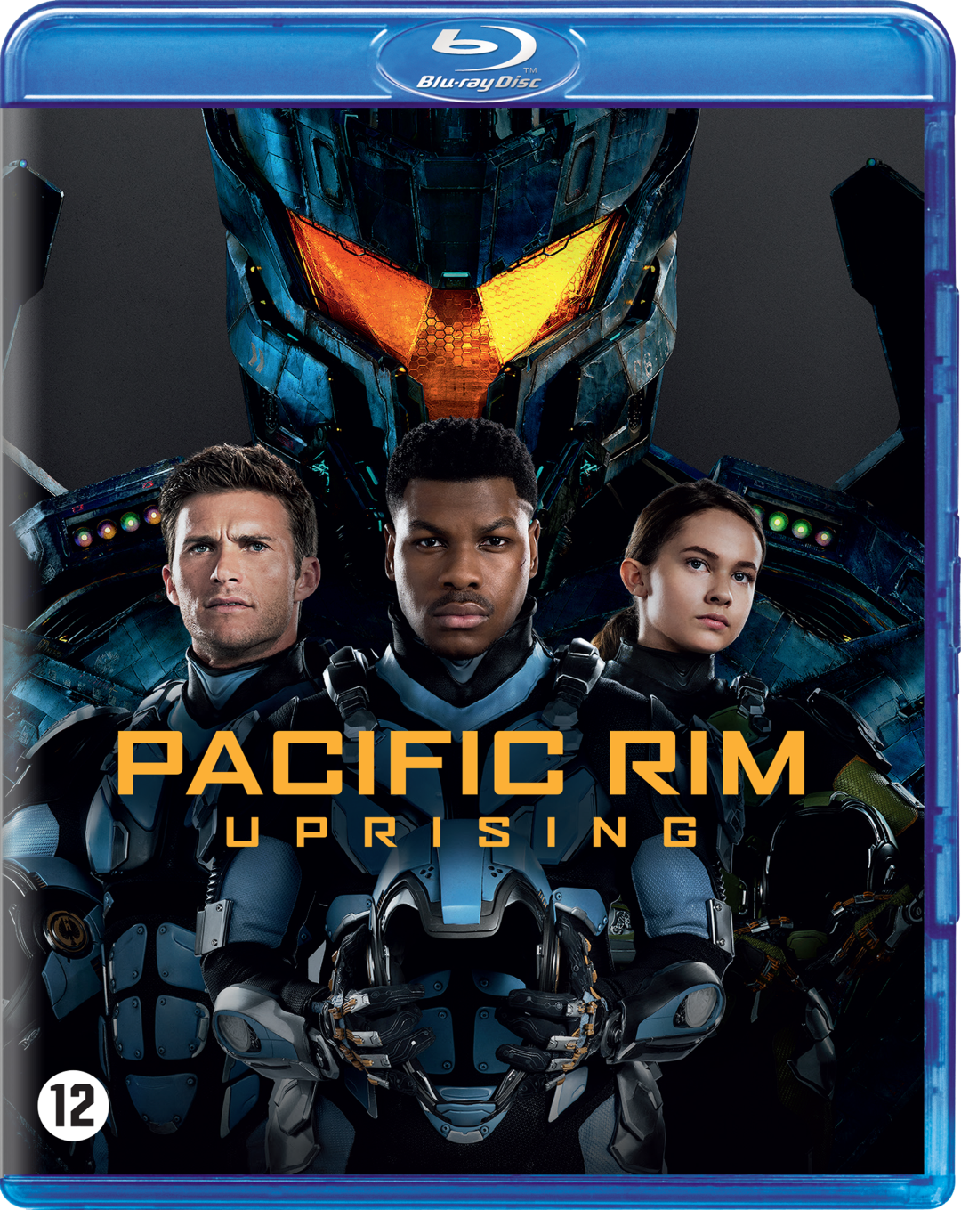 Pacific Rim: Uprising Blu-ray cover met acteurs, een mech en blauwe achtergrond.